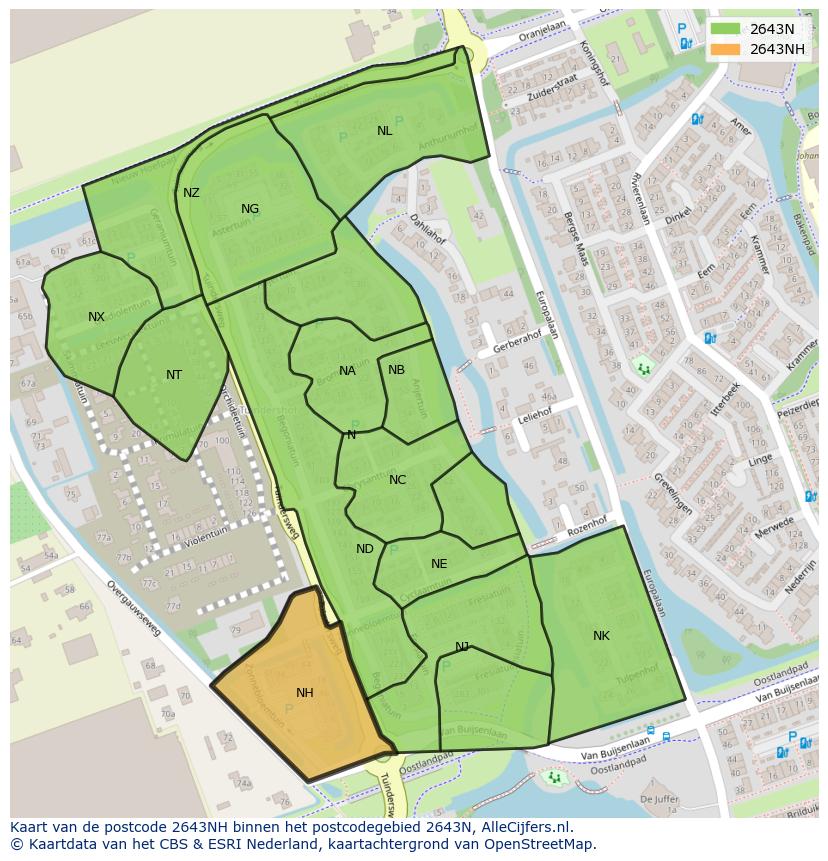 Afbeelding van het postcodegebied 2643 NH op de kaart.