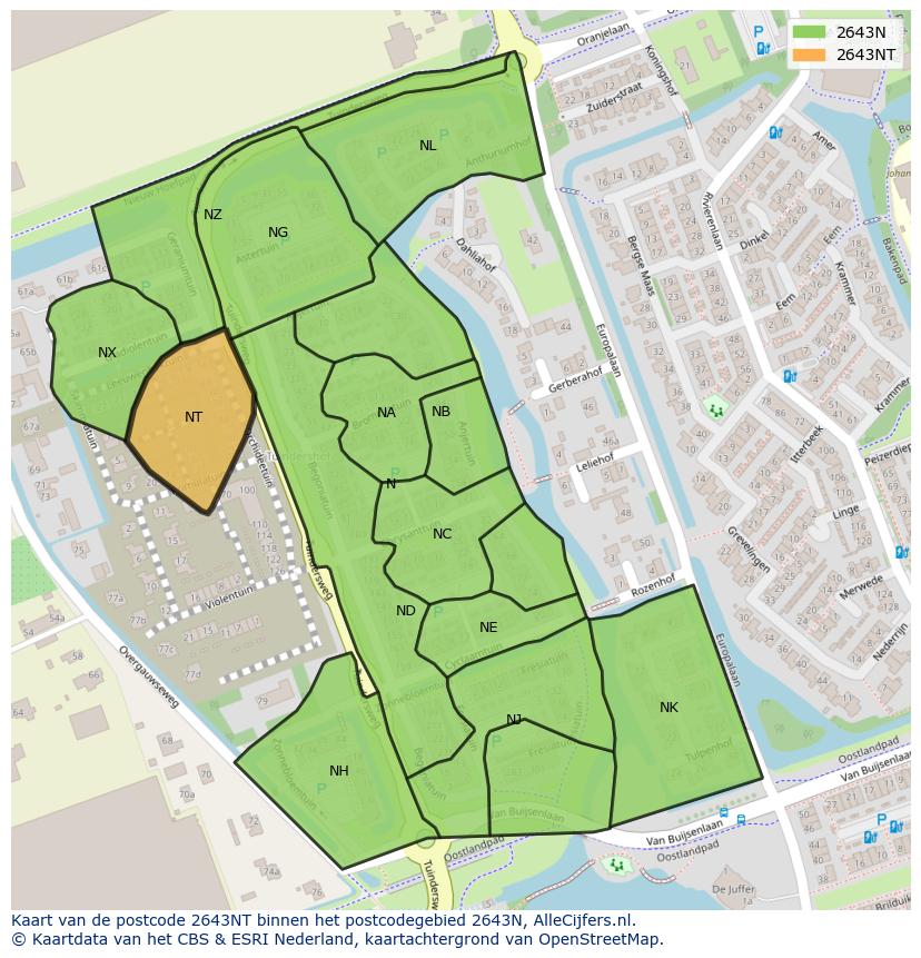 Afbeelding van het postcodegebied 2643 NT op de kaart.