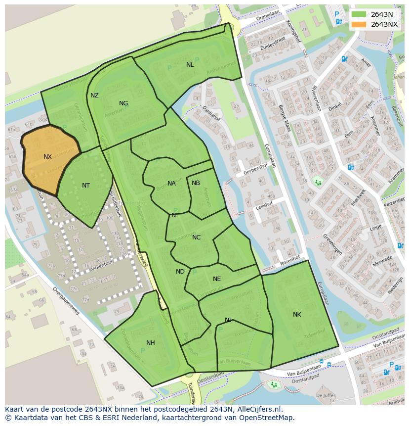 Afbeelding van het postcodegebied 2643 NX op de kaart.