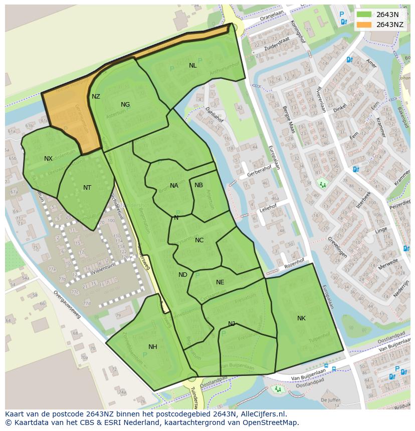 Afbeelding van het postcodegebied 2643 NZ op de kaart.