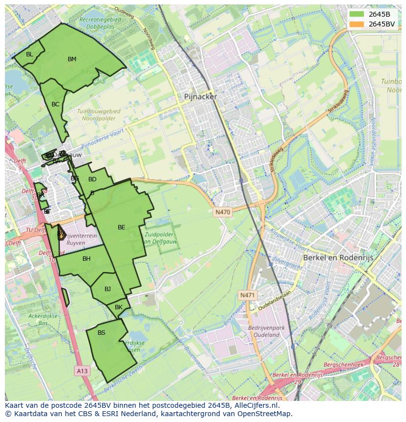 Afbeelding van het postcodegebied 2645 BV op de kaart.