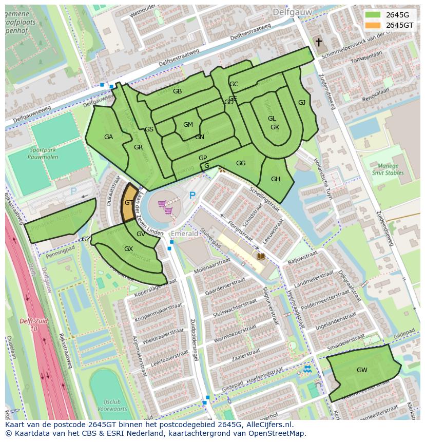 Afbeelding van het postcodegebied 2645 GT op de kaart.