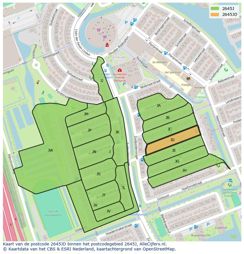 Afbeelding van het postcodegebied 2645 JD op de kaart.