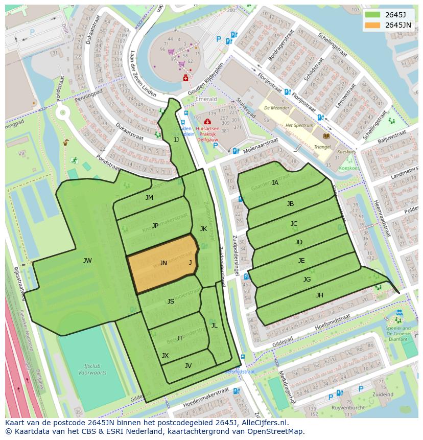 Afbeelding van het postcodegebied 2645 JN op de kaart.
