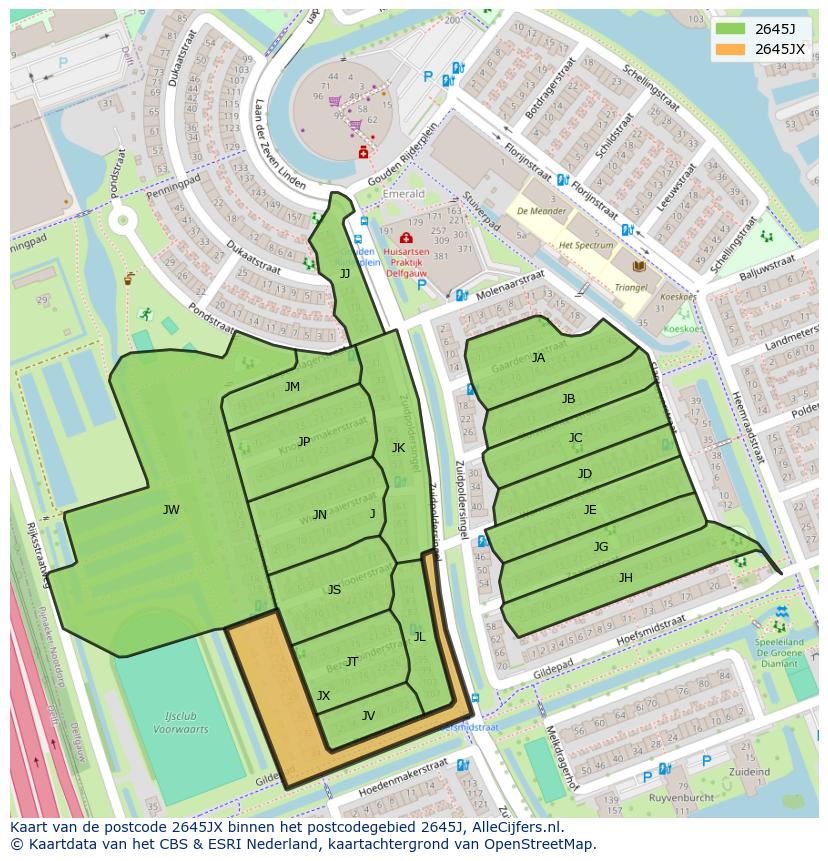 Afbeelding van het postcodegebied 2645 JX op de kaart.
