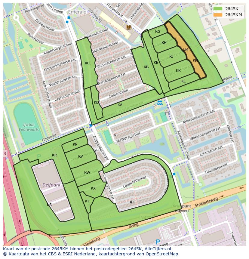 Afbeelding van het postcodegebied 2645 KM op de kaart.