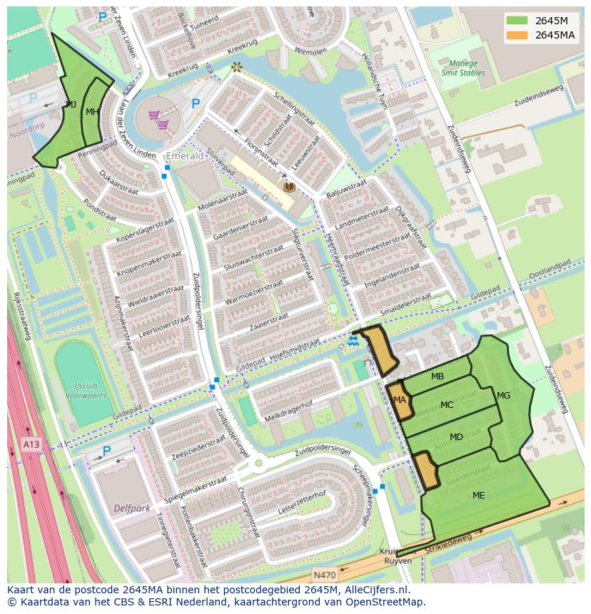 Afbeelding van het postcodegebied 2645 MA op de kaart.