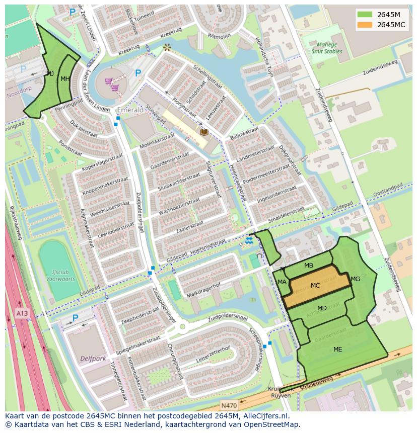Afbeelding van het postcodegebied 2645 MC op de kaart.