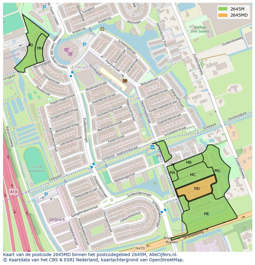 Afbeelding van het postcodegebied 2645 MD op de kaart.