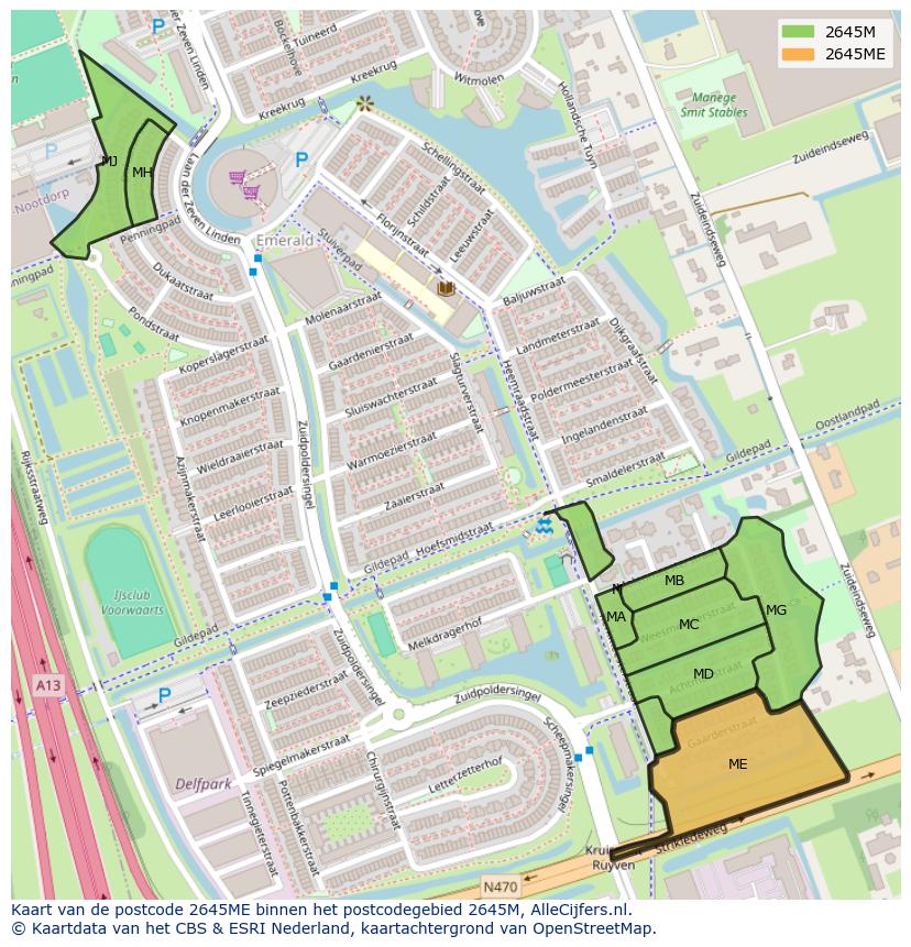 Afbeelding van het postcodegebied 2645 ME op de kaart.
