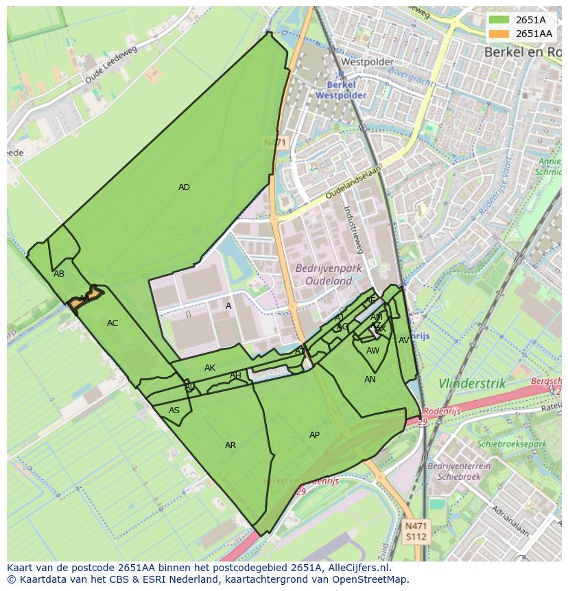 Afbeelding van het postcodegebied 2651 AA op de kaart.