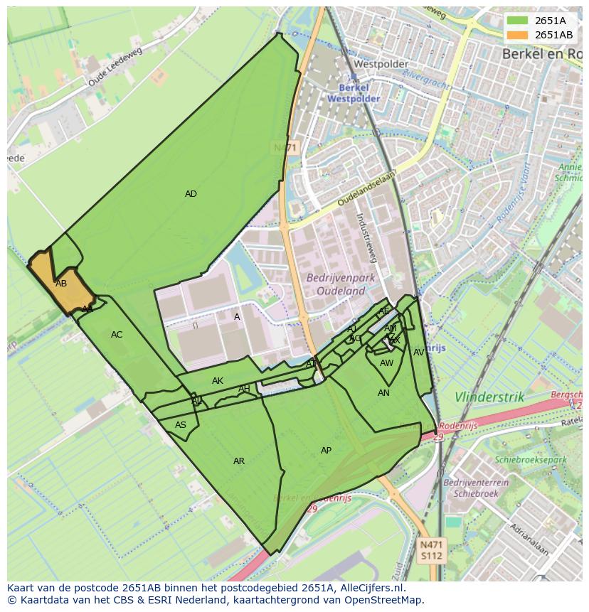 Afbeelding van het postcodegebied 2651 AB op de kaart.
