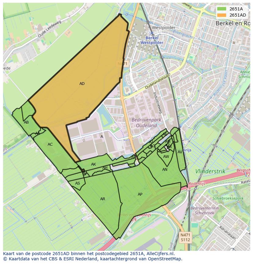 Afbeelding van het postcodegebied 2651 AD op de kaart.