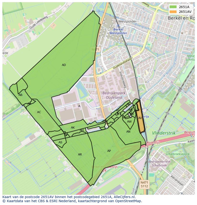 Afbeelding van het postcodegebied 2651 AV op de kaart.