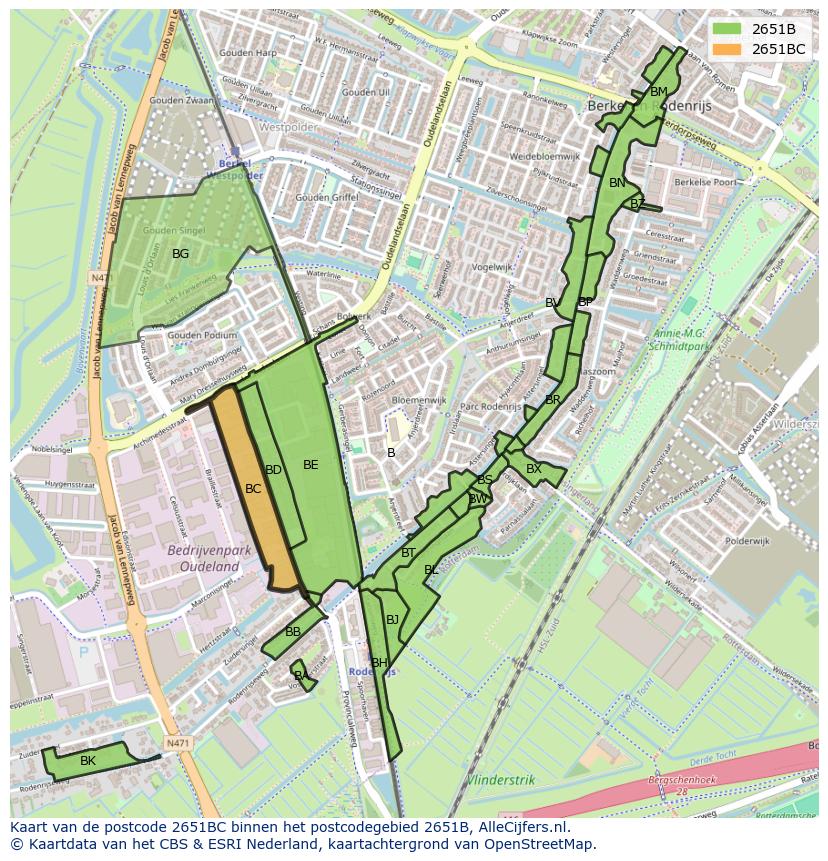 Afbeelding van het postcodegebied 2651 BC op de kaart.