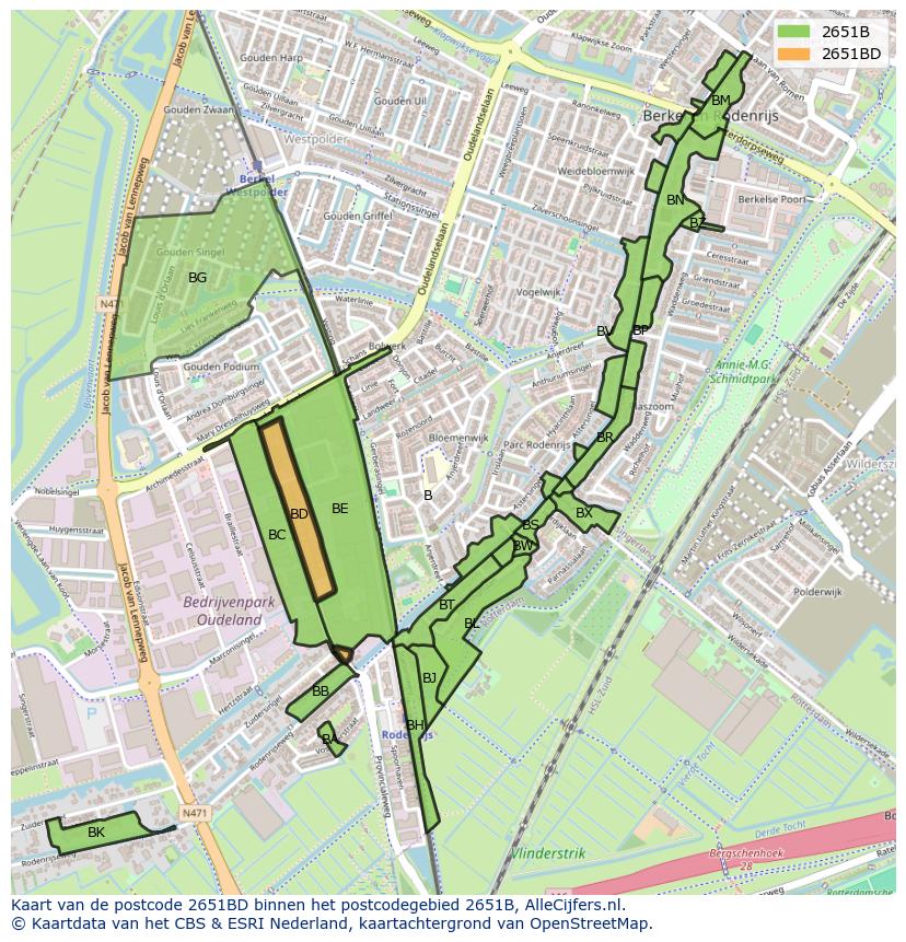 Afbeelding van het postcodegebied 2651 BD op de kaart.