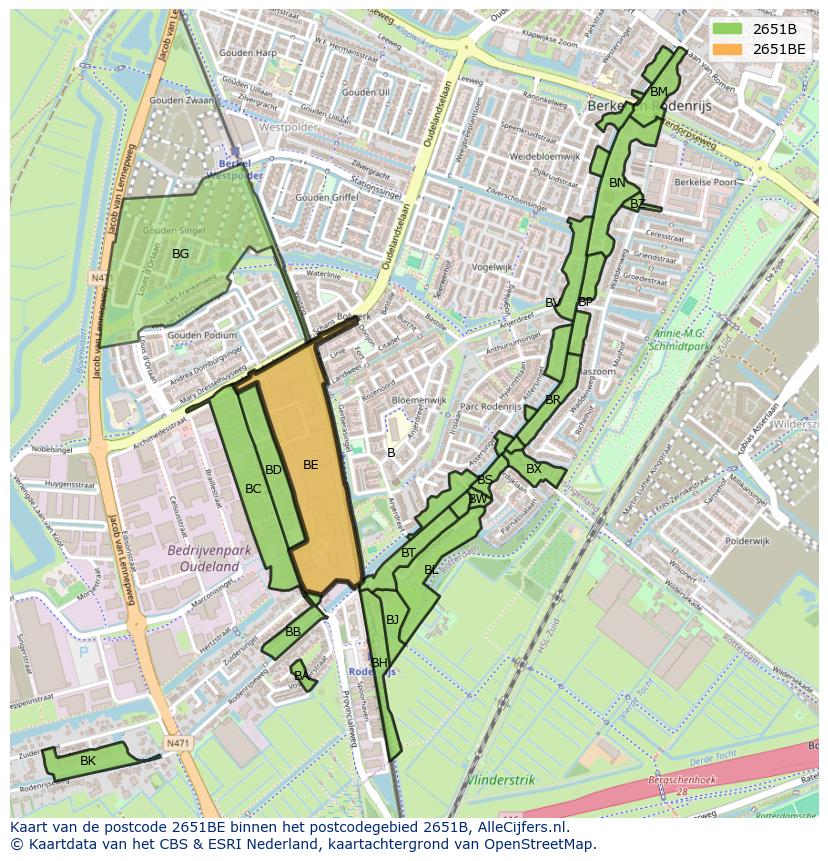 Afbeelding van het postcodegebied 2651 BE op de kaart.