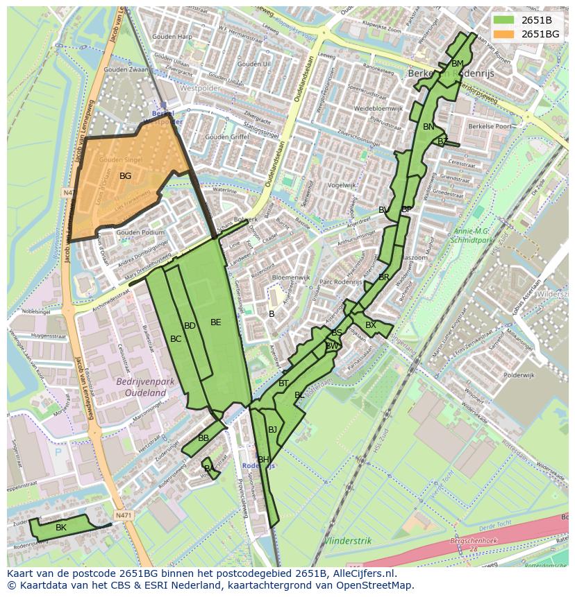 Afbeelding van het postcodegebied 2651 BG op de kaart.