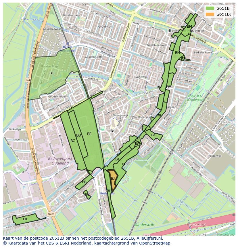 Afbeelding van het postcodegebied 2651 BJ op de kaart.