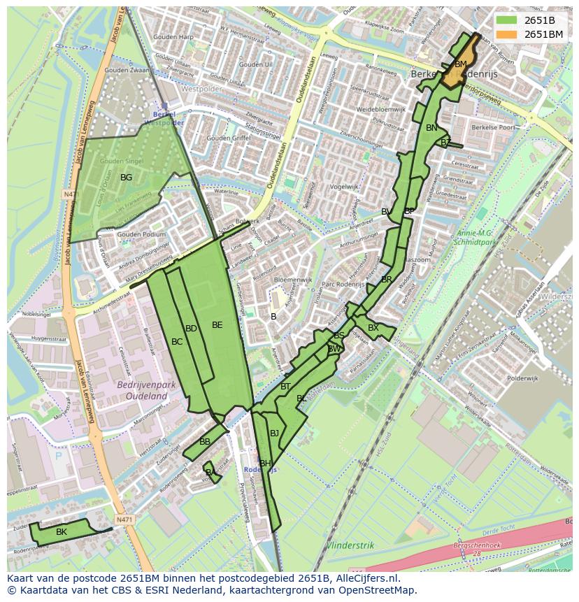 Afbeelding van het postcodegebied 2651 BM op de kaart.