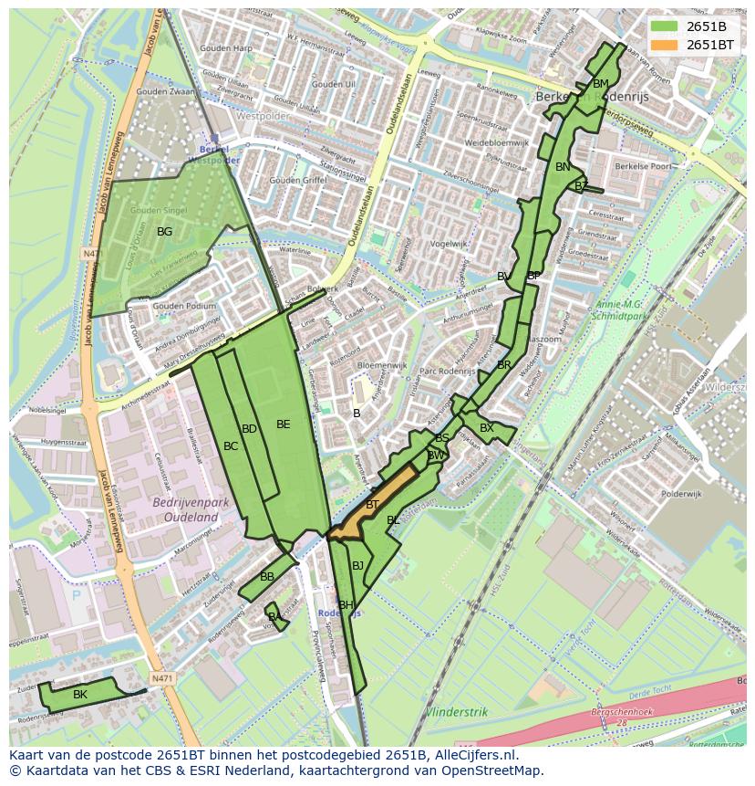Afbeelding van het postcodegebied 2651 BT op de kaart.
