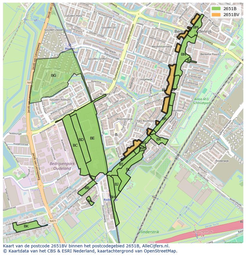 Afbeelding van het postcodegebied 2651 BV op de kaart.