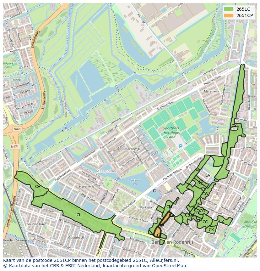 Afbeelding van het postcodegebied 2651 CP op de kaart.