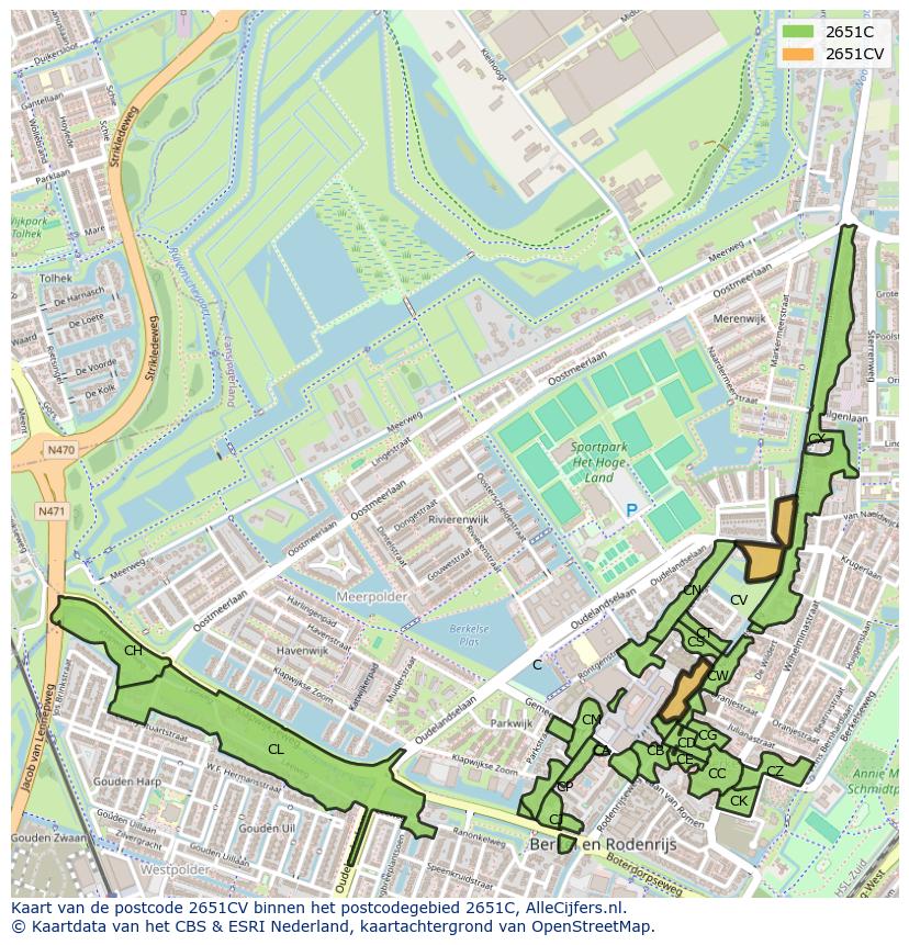 Afbeelding van het postcodegebied 2651 CV op de kaart.