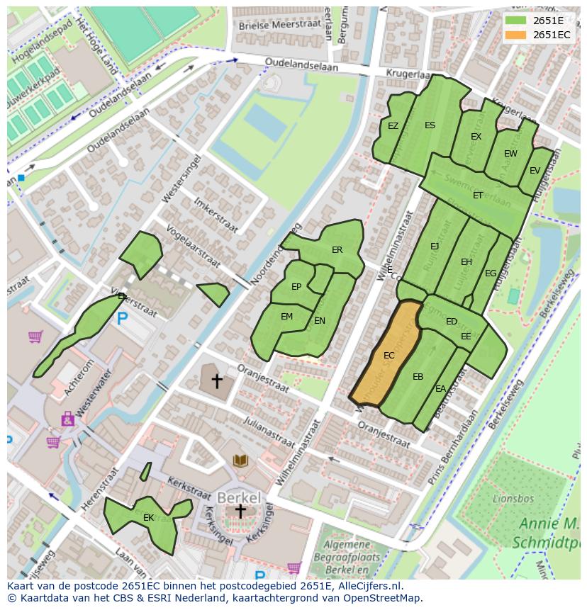 Afbeelding van het postcodegebied 2651 EC op de kaart.