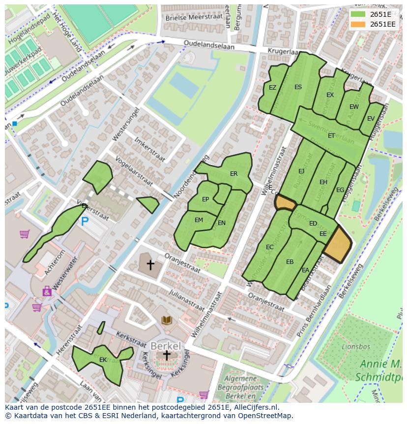Afbeelding van het postcodegebied 2651 EE op de kaart.