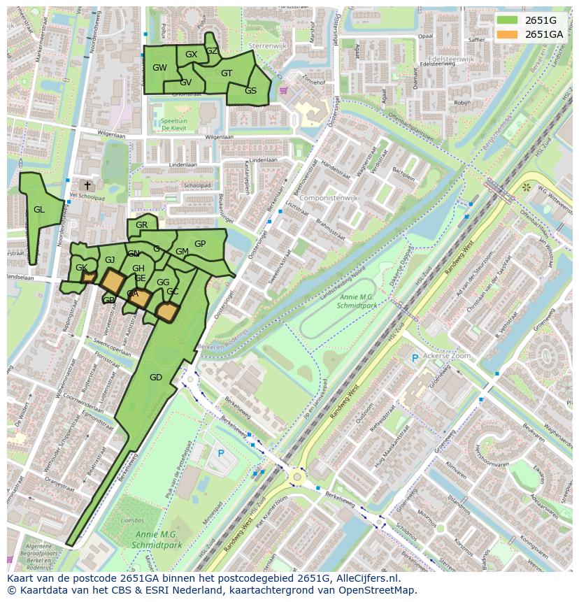Afbeelding van het postcodegebied 2651 GA op de kaart.