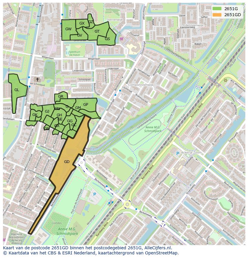 Afbeelding van het postcodegebied 2651 GD op de kaart.