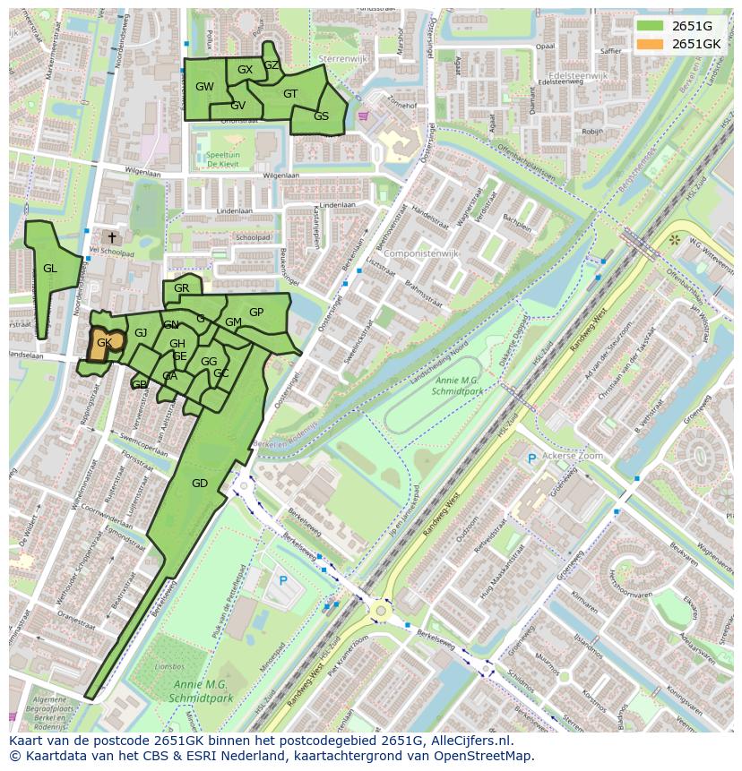 Afbeelding van het postcodegebied 2651 GK op de kaart.