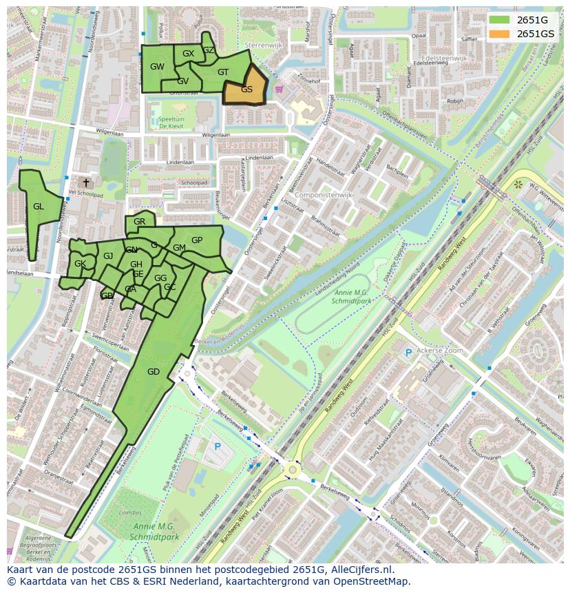 Afbeelding van het postcodegebied 2651 GS op de kaart.