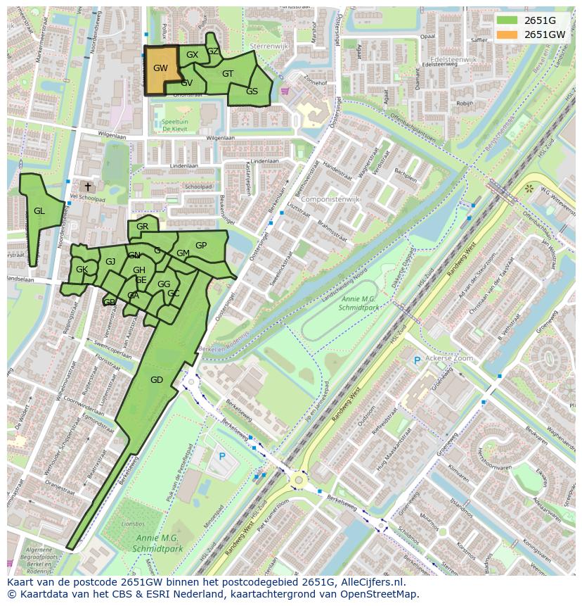 Afbeelding van het postcodegebied 2651 GW op de kaart.
