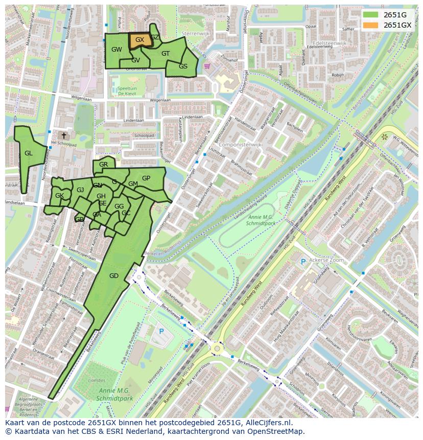 Afbeelding van het postcodegebied 2651 GX op de kaart.