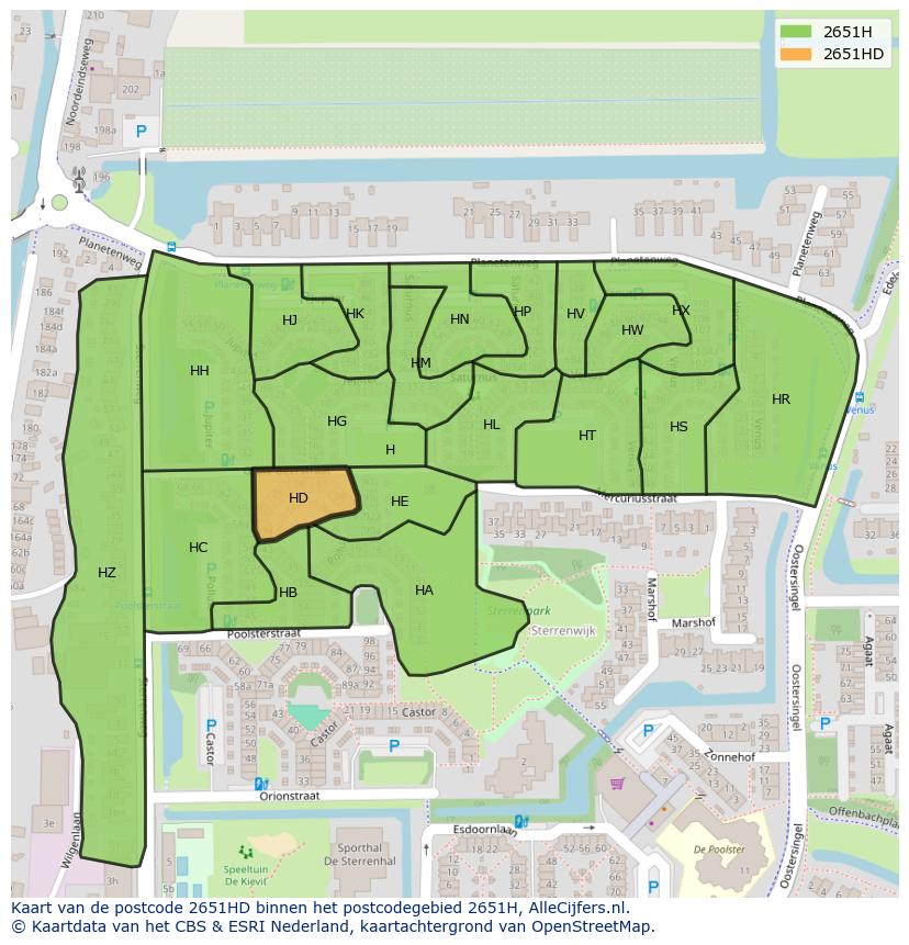 Afbeelding van het postcodegebied 2651 HD op de kaart.