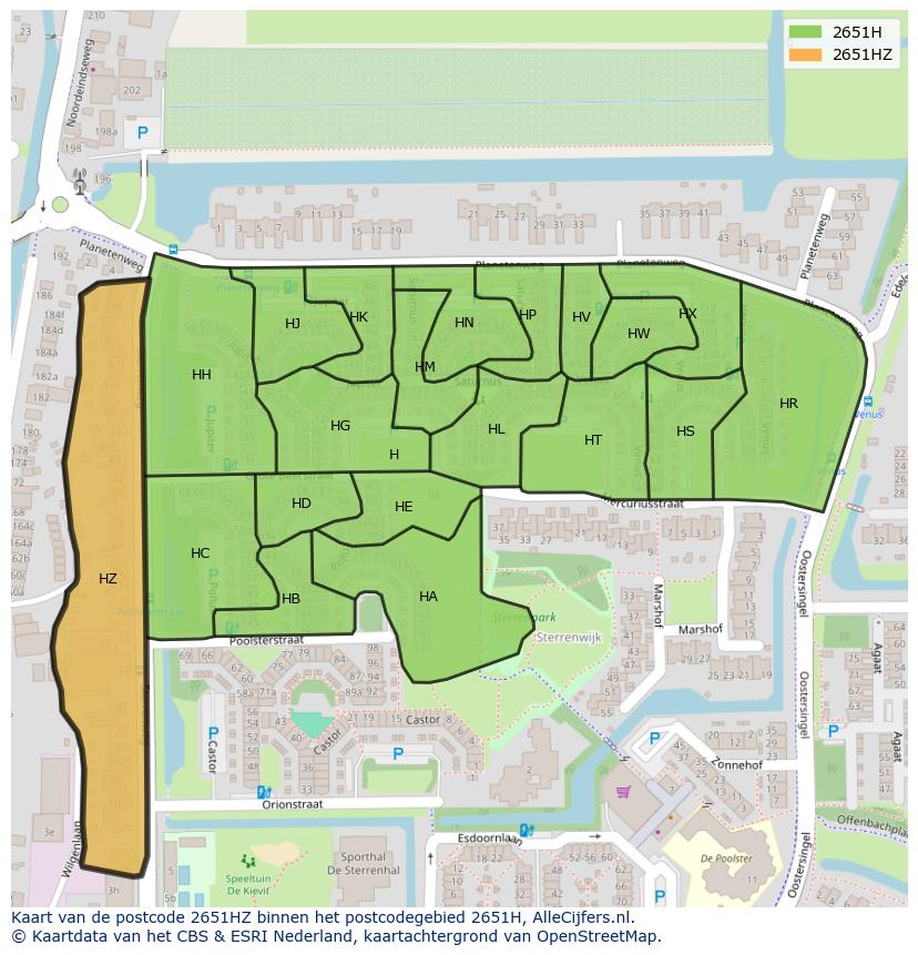 Afbeelding van het postcodegebied 2651 HZ op de kaart.