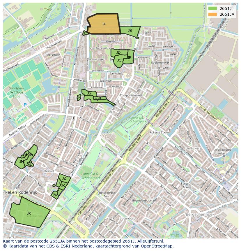 Afbeelding van het postcodegebied 2651 JA op de kaart.