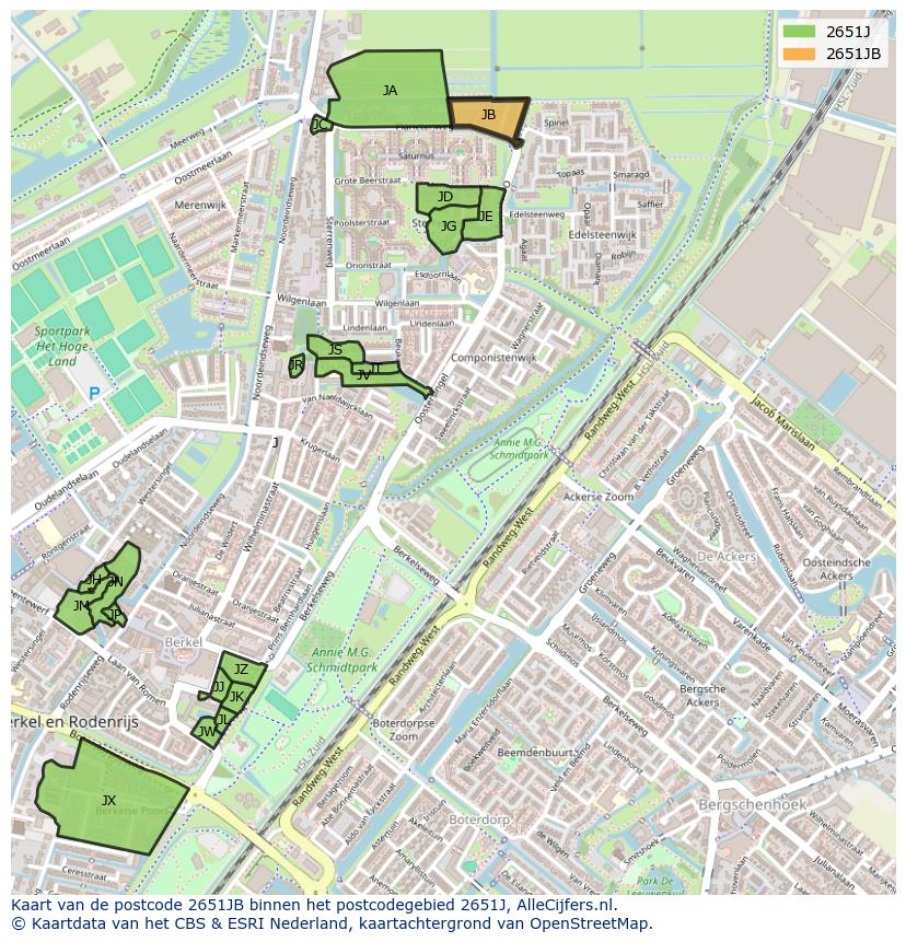 Afbeelding van het postcodegebied 2651 JB op de kaart.