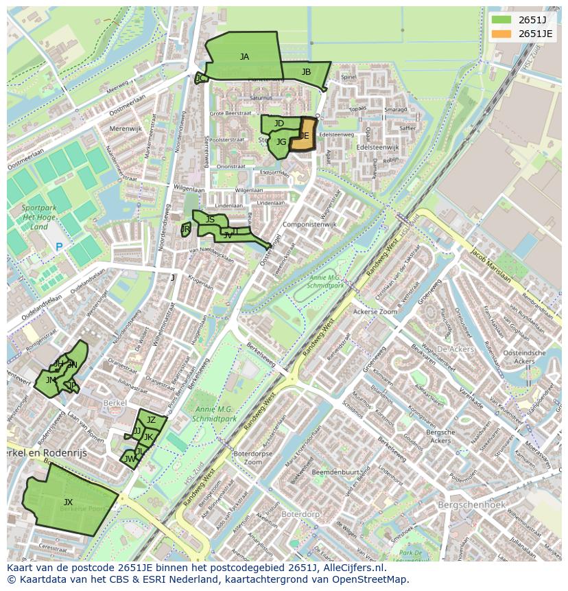 Afbeelding van het postcodegebied 2651 JE op de kaart.