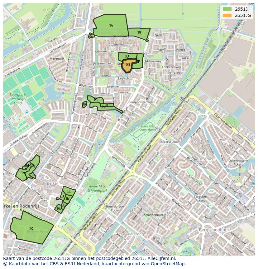 Afbeelding van het postcodegebied 2651 JG op de kaart.