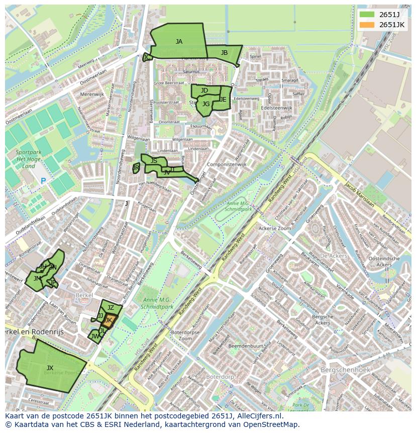 Afbeelding van het postcodegebied 2651 JK op de kaart.
