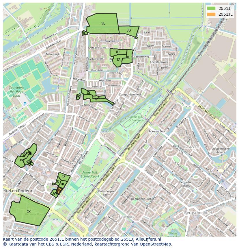 Afbeelding van het postcodegebied 2651 JL op de kaart.