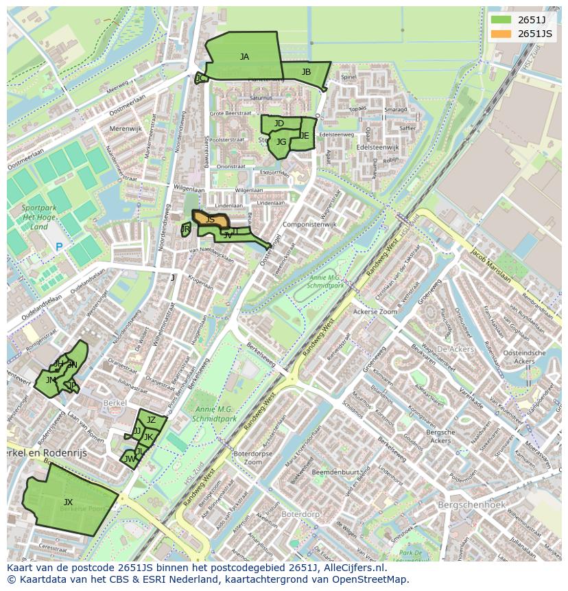 Afbeelding van het postcodegebied 2651 JS op de kaart.