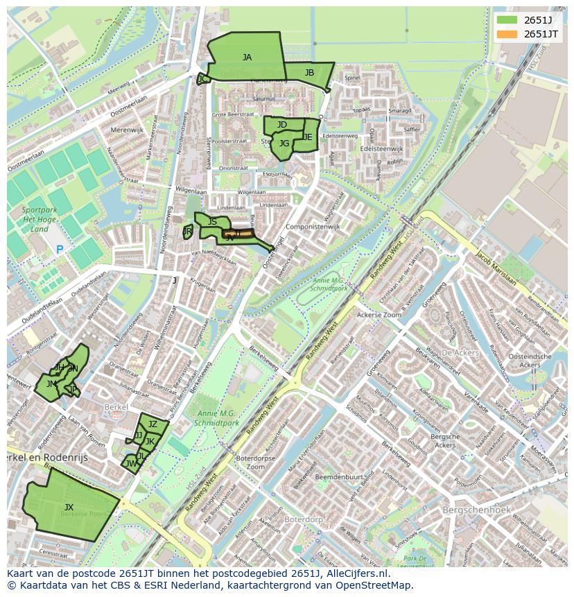 Afbeelding van het postcodegebied 2651 JT op de kaart.