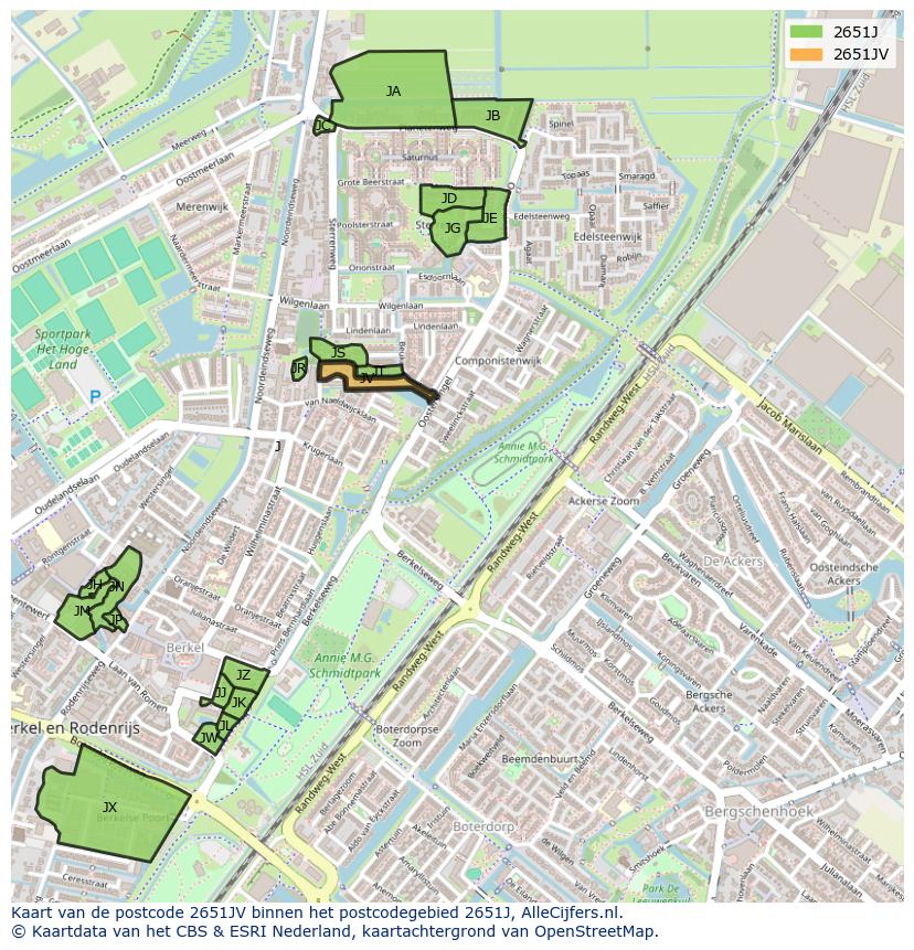 Afbeelding van het postcodegebied 2651 JV op de kaart.