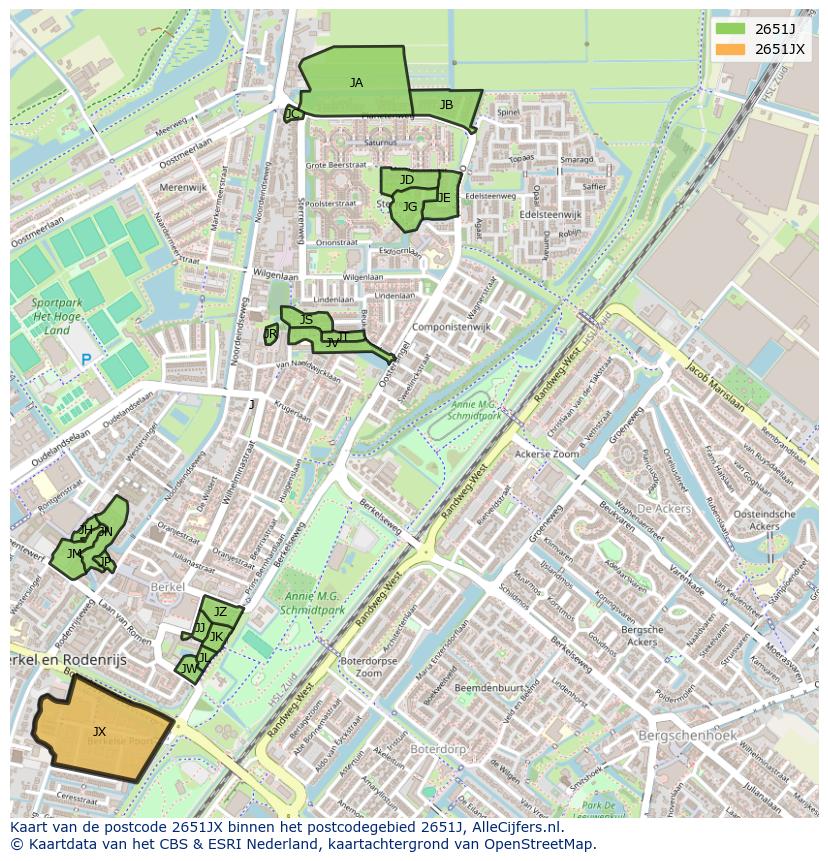 Afbeelding van het postcodegebied 2651 JX op de kaart.