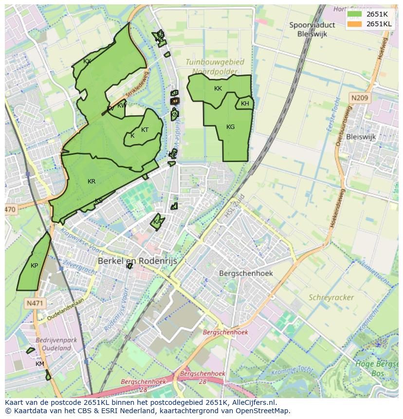 Afbeelding van het postcodegebied 2651 KL op de kaart.