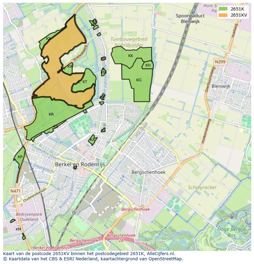 Afbeelding van het postcodegebied 2651 KV op de kaart.